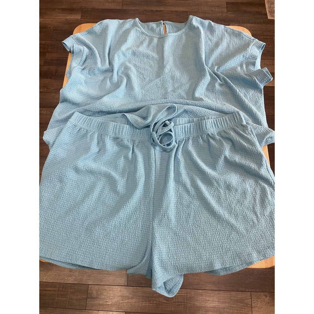 Aqua Blue 2-Piece Knit Polyester Set: Short Sleeve Top & Shorts Womens 4XL Beach